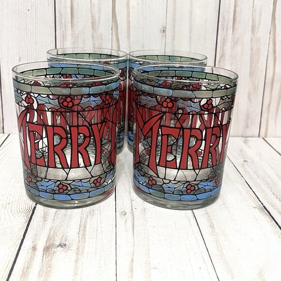 Set of 4 Vintage Cera Merry Christmas Double Old Fashioned Tiffany Stained Glass - Picture 2 of 10